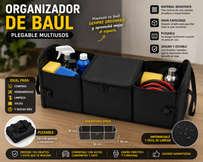 Organizador Plegable de Baúl para Auto – Negro Multiuso